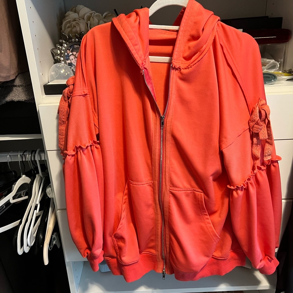 Bright Coral Zip Hoodie with Lace Trim